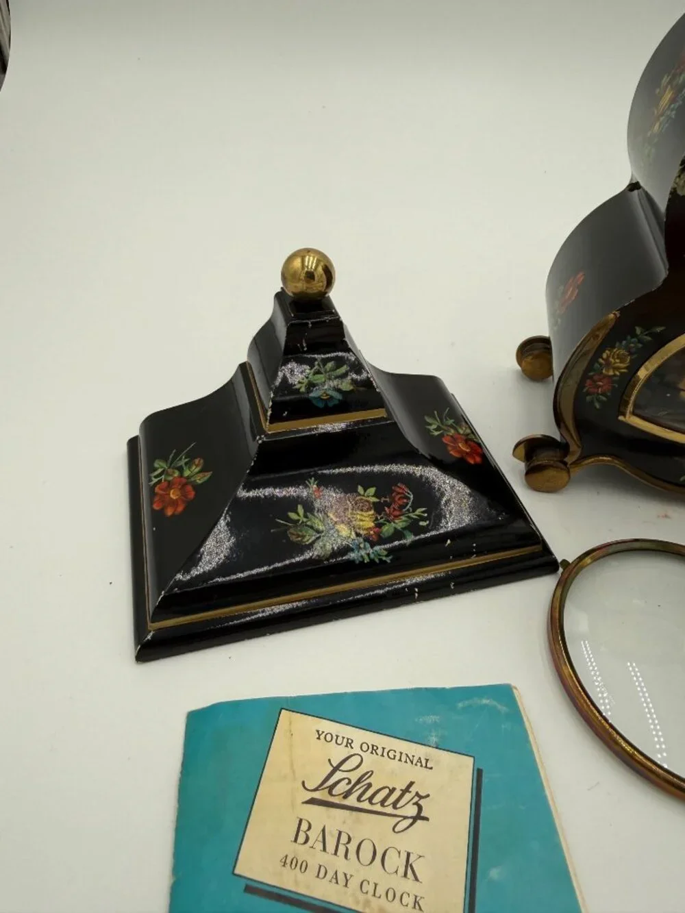 Vintage Schatz Barock 400-Day Clock Key Glass Dome Instructions Parts Floral Des